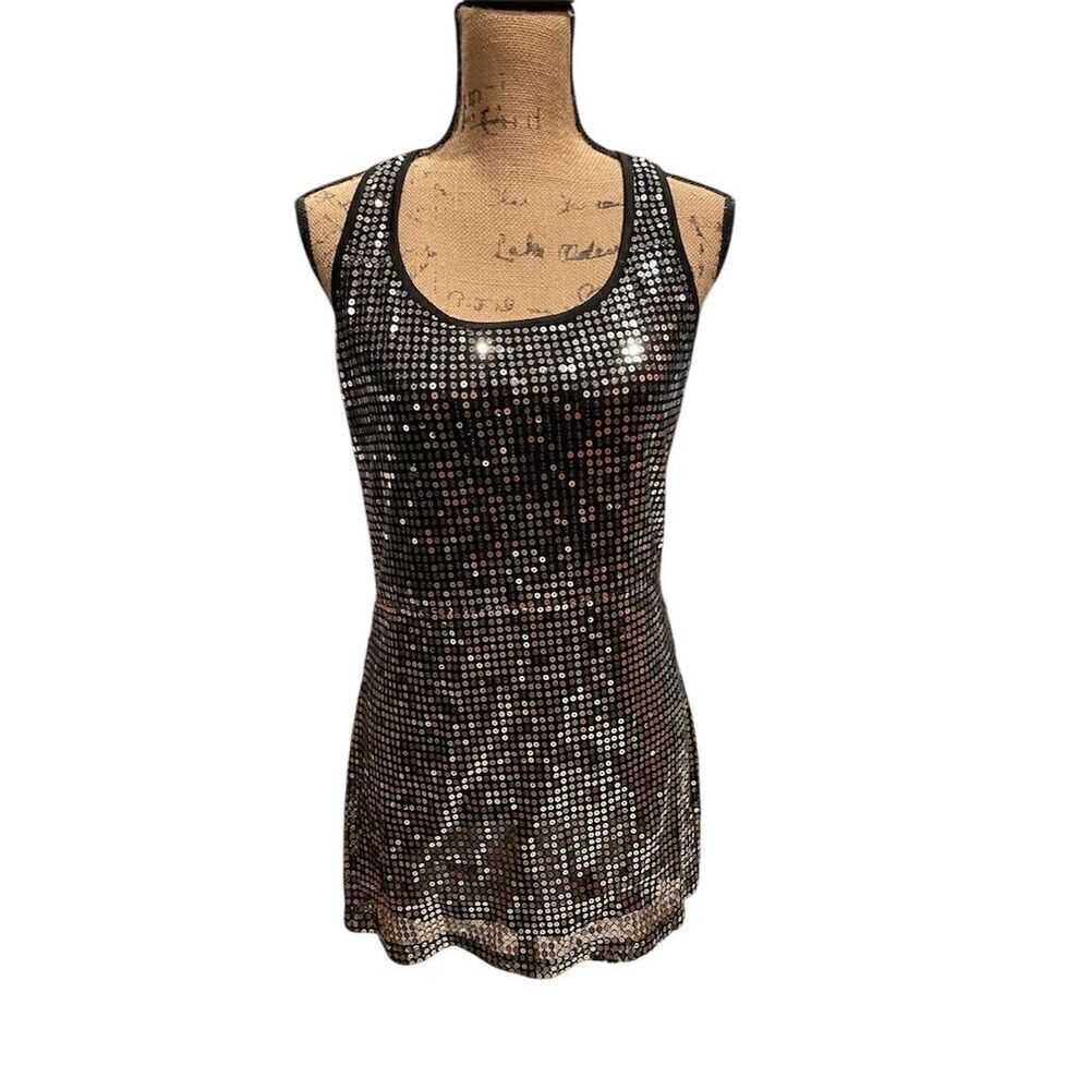 *3/$15 XOXO Women's L Sequin Racerback Mini Dress Silver & Black Sleeveless - Picture 1 of 10